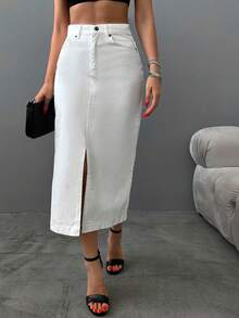 ZIRRA 女士高腰白色牛仔半身裙，前开衩设计，优雅时尚，春夏中长款牛仔裙 - 白色 - 查看 5