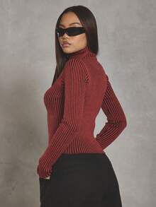 MUSERA Contrast Rib Slogan High Neck Zip Through Cardigan Cool Girl, Streetstyle, Everyday, , Winter, Varsity, 1997 Evening Party Elegant Spring - Red - View 4