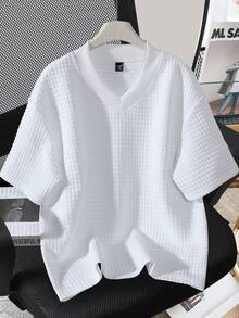 Claim Dot 男士成熟休闲方形纹理T恤 - 白色 - 查看 1