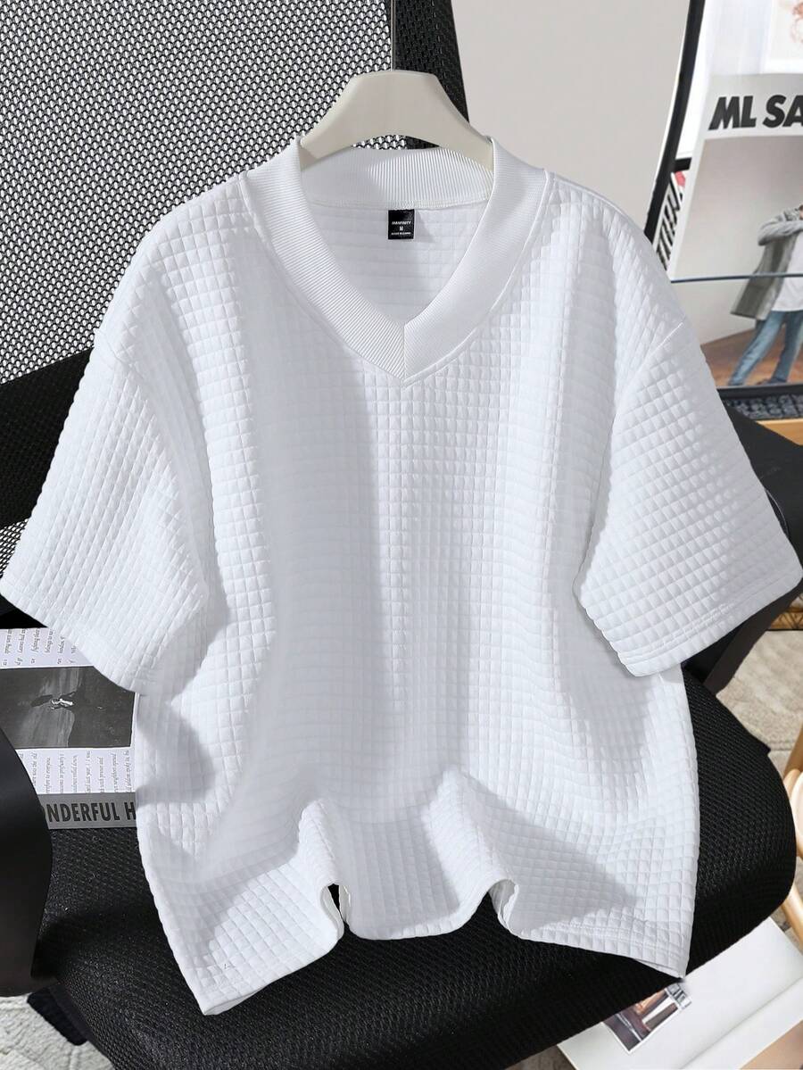 Claim Dot 男士成熟休闲方形纹理T恤 - 白色 - 查看 1