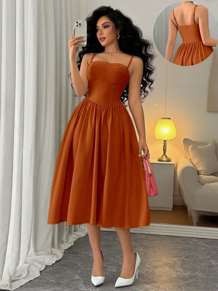 Rafferiza Váy xòe eo dây mảnh thời trang đa năng dự tiệc cho nữ, mùa thu/đông - Màu Cam cháy - Xem 1