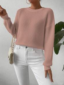 EMERY ROSE Women's Casual Everyday Commute Simple Solid Color Drop Shoulder Loose Knit Sweater, Autumn/Winter - Coral Pink - View 5