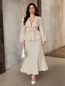 Roveilla 大码波点腰收腰长袖上衣和裙子两件套 - 杏色 - 查看 4