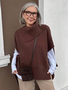 Vivie Lora Women's Loose Fit Shawl Collar Poncho Sweater - Brown - View 2