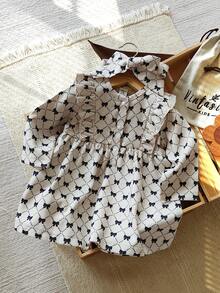 SHEIN 1 pieza Vestido de manga larga con estampado de mariposa y hoja de loto para niñas bebé - Albaricoque - Ver 6