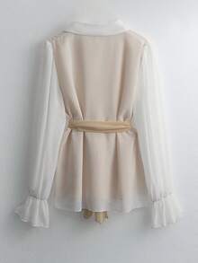 GlowEve 双色荷叶边袖腰带衬衫和阔腿裤 - 卡其色 - 查看 2