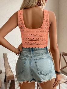 EMERY ROSE Women's Vacation Casual Solid Color Hollow Out Knit Top - Coral Orange - View 2