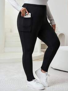 SHEIN CURVE+ 大码女式高弹力保暖内衬打底裤，带侧袋，基本款返校大码打底裤，大码紧身裤，大码高弹力带口袋打底裤 - 黑色 - 查看 8