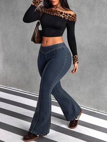 Jeanoix Quần jeans ống loe cạp thấp thường ngày cỡ lớn giặt sạch - Màu xanh lam - Xem 7