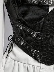 ROMWE EDITION 朋克风格金属扣索环黑色短款上衣，适合街头派对 - 黑色 - 查看 5