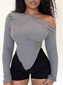 Alexandranx Áo thun nữ Bất đối xứng màu trơn Giải trí - Màu xám đen - Xem 4