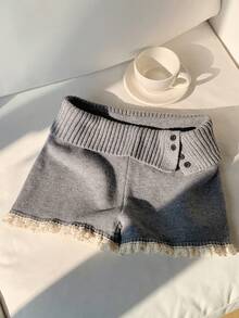 Comfortcana 蕾丝拼布可折叠不对称下摆灰色短款毛衣短裤 - 灰色 - 查看 4