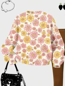 SHEIN 1 套女童花卉雏菊数码印花圆领运动衫和咖啡棕色紧身裤两件套服装，秋冬 - 彩色 - 查看 5