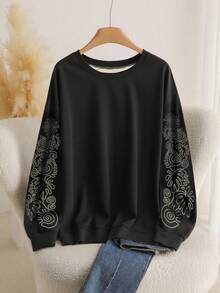 CosyJoli 教师节万圣节休闲百搭大码休闲长袖个性袖花图案宽松圆领套头衫，女士秋季服装适合秋冬 - 黑色 - 查看 4
