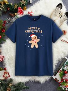 Manfinity Homme Men's Casual Fitted Christmas Gingerbread Man & Snowflake Print T-Shirt Christmas - Navy Blue - View 1