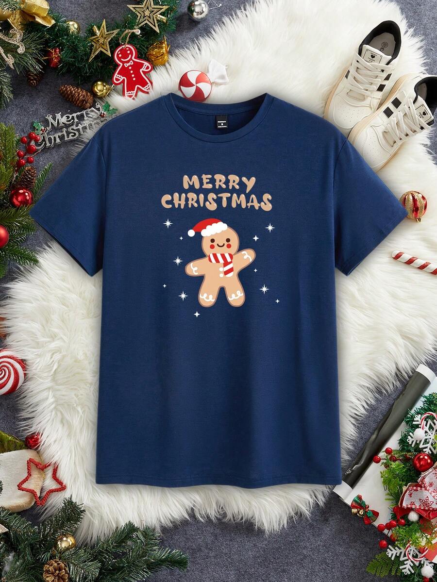 Manfinity Homme Men's Casual Fitted Christmas Gingerbread Man & Snowflake Print T-Shirt Christmas - Navy Blue - View 1