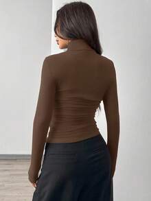 SHEIN EZwear Áo thun nữ cổ lọ tay dài dệt kim màu cà phê ôm vừa vặn - Cà phê nâu - Xem 2