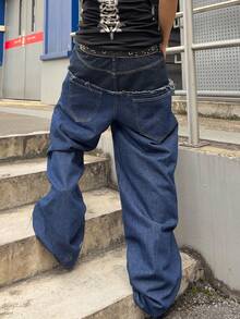 ROMWE MEN Grunge Punk Blugi bărbătești cu croială lejeră, la modă, cu blocuri de culoare - Spălare întunecată - Vizualizare 8