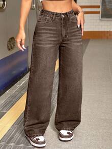 SHEIN PETITE Women's High Waist Pocketed Wide Leg Loose Casual Versatile Jeans - Coffee Brown - View 4