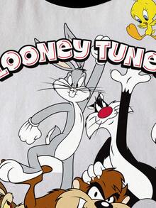 LOONEY TUNES X SHEIN 男童夏季休闲运动卡通字母图案条纹袖T恤 - 白色 - 查看 5