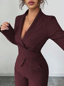 Modelyn 女式秋季梭织纯色斜襟裹腰长袖两件套 - 酒紅色 - 查看 4