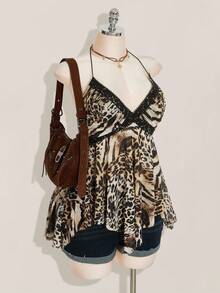 SHEIN ICON Áo ba lỗ nữ họa tiết da báo Y2K cổ yếm lưới vá bất đối xứng cỡ lớn - Nhiều màu - Xem 4