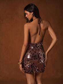 Glamine 性感迷人的深V领露背吊带修身亮片拼接连衣裙，派对装扮，度假装扮，鸭蓝色亮片连衣裙，鸡尾酒会短款连衣裙，约会之夜连衣裙，毕业典礼连衣裙，性感派对连衣裙，女士派对连衣裙 - 棕色 - 查看 2