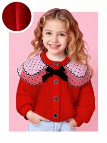 SHEIN Young Girls Red Knit Cardigan, Soft Knit Fabric, Delicate Skin-Friendly, Double-Layer Polka Dot Mesh Collar With Black Lace Trim, Black Bow Accent, Black Rimmed Buttons, Sweet And Exquisite Design, Suitable For Birthday Parties, Princess Themed Events, Moderate Thickness, Spring/Autumn
