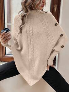 EMERY ROSE Women's Casual Solid Color Turtleneck Poncho Sweater, Autumn/Winter - Apricot - View 7