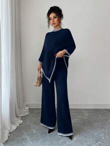 Elenzga Bộ đồ hai mảnh thiết kế áo poncho rộng rãi thoải mái và quần dệt kim màu tương phản rộng rãi dành cho nữ - Màu xanh hải quân - Xem 5