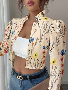 Elenzga Chaqueta súper corta con estampado floral aleatorio para mujer