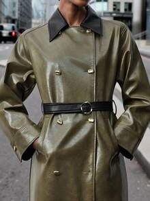 Maija 女士秋季撞色翻领长袖双排扣PU皮长款风衣，外出 - 軍綠色 - 查看 3