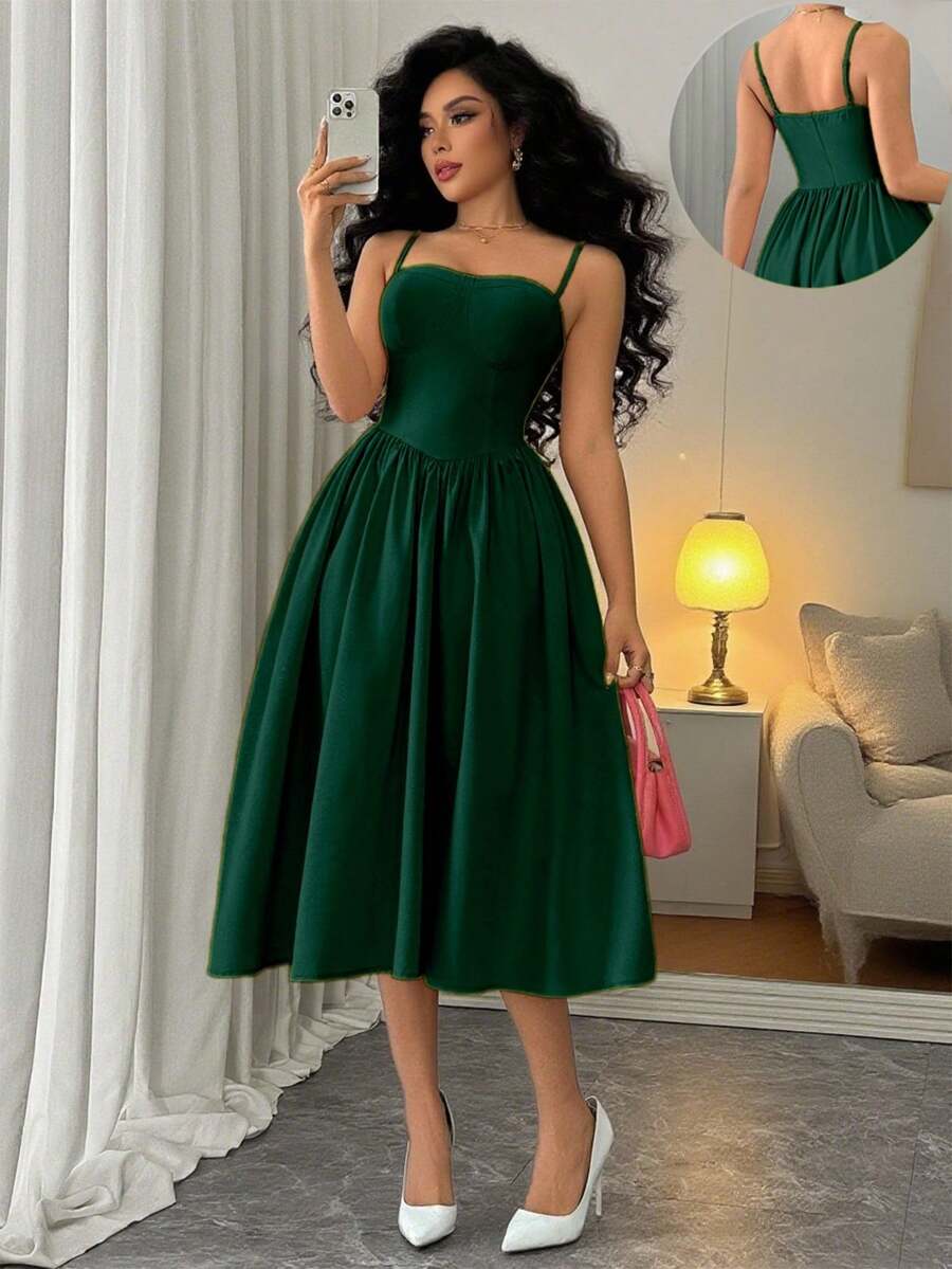 Rafferiza Váy xòe eo dây mảnh thời trang đa năng dự tiệc cho nữ, mùa thu/đông - Màu xanh lá cây đậm - Xem 1