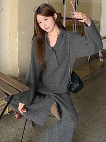 DAZY Women's Bowknot Knitted Top And Elongated Pants 2 Pieces Set, Autumn/Winter Lounge Sets For Women - Grey - View 2