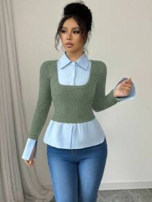 Elenzga French Stylish 2 In 1 Collared T-Shirt With Contrast Panel, New Design Niche For Spring & Autumn Graphic Tees Women Tops - Army Green - View 3