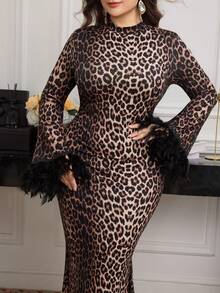 Modelyn Große Größen Damen Leopard Muster Tier Muster Feder Manschetten Kleid mit Fischschwanz-Saum
