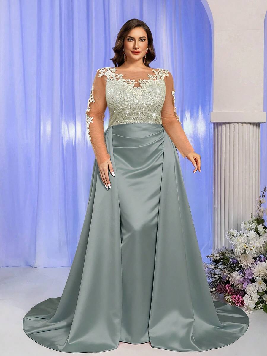 SHEIN Belle 大码优雅撞色网纱贴花长袖V领亮片拼接缎面高腰显瘦美人鱼尾夸张拼接设计，适合晚宴、单身派对、约会、度假、舞会、婚礼、返校季、晚礼服（重工装饰）、情人节等场合。 - 薄荷綠 - 查看 1