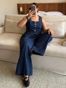 Dripcurv 大码女式休闲牛仔背心和裤子两件套，复古硬币设计，适合秋冬和新年装 - 藍色 - 查看 1