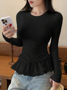 DAZY Women's Korean Style Ruffle Trim Long Sleeve T-Shirt, Spring/Autumn - Black - View 3