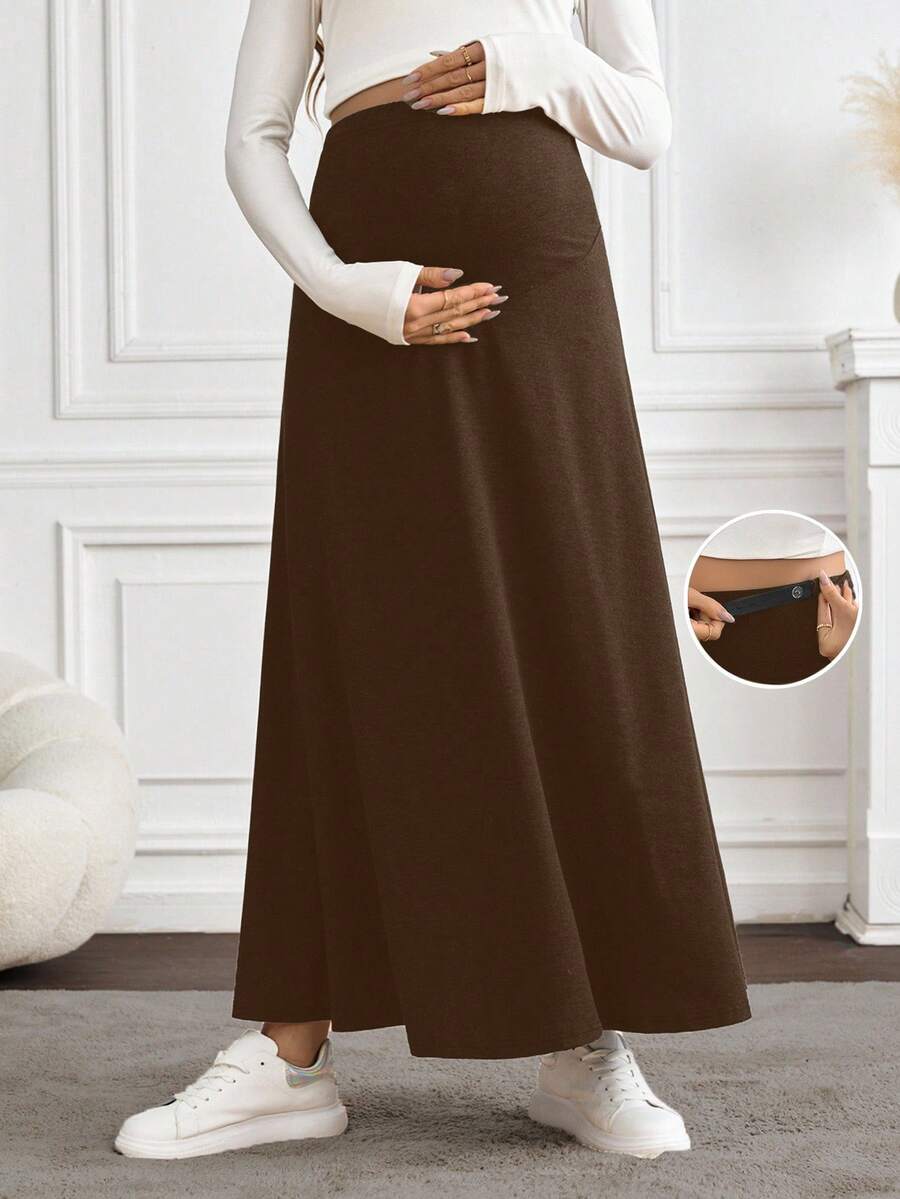 SHEIN Maternity Casual Solid Color Long Skirt, Versatile For Autumn - Mocha Brown - View 1