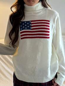 SHEIN Teen Girl American Flag Pattern Turtleneck Sweater Autumn Winter Clothes For Girl - Beige - View 6