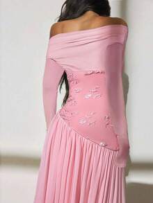 SHEIN PETITE 新款一字肩长袖撞色网纱刺绣不对称下摆拼接超长高弹修身连衣裙优雅浪漫 - 粉色 - 查看 2