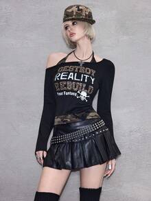 ROMWE Avant Y2K Baddie Camo 毛绒骷髅印花紧身女式长袖 T 恤 - 黑色 - 查看 4