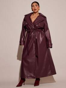 SHEIN BAE Plus Size Fashionable PU Leather Notched Collar Double-Breasted Windbreaker, Autumn, Winter , Winter For Women Curve, Autumn , Fall For Women Curve, Halloween Costumes, Christmas Women's , New Year For Women Curve, Thanksgiving For Women Curve, PU Leather Windbreaker Long Windbreaker Windproof Cold-Proof Warm