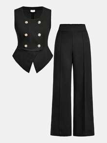 青少女休閒優雅簡約通勤上衣和長褲2件套裝 - 黑色 - 查看 4