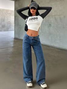 EURMUSE Mid Waist Wash Detailed Wideleg Jean Y2k Jeans Y2k Outfit 90s Outfit Women Crop Tops Y2k Jean Outfit Set - Medium Wash - View 3