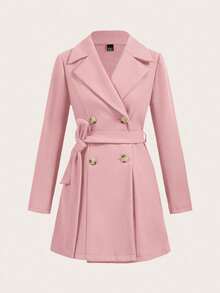 SHEIN Lady 秋冬粉色翻领毛呢大衣优雅女士秋季风衣女外套双排扣毛呢大衣背带设计冬季女士外套风衣女外套秋季女装搭配冬季女装女装秋季女装 - 粉色 - 查看 5