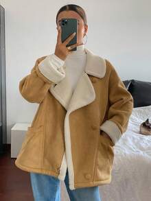 Livesso Áo khoác len cừu dáng rộng cổ bẻ mùa thu cho nữ - Màu Khaki - Xem 4