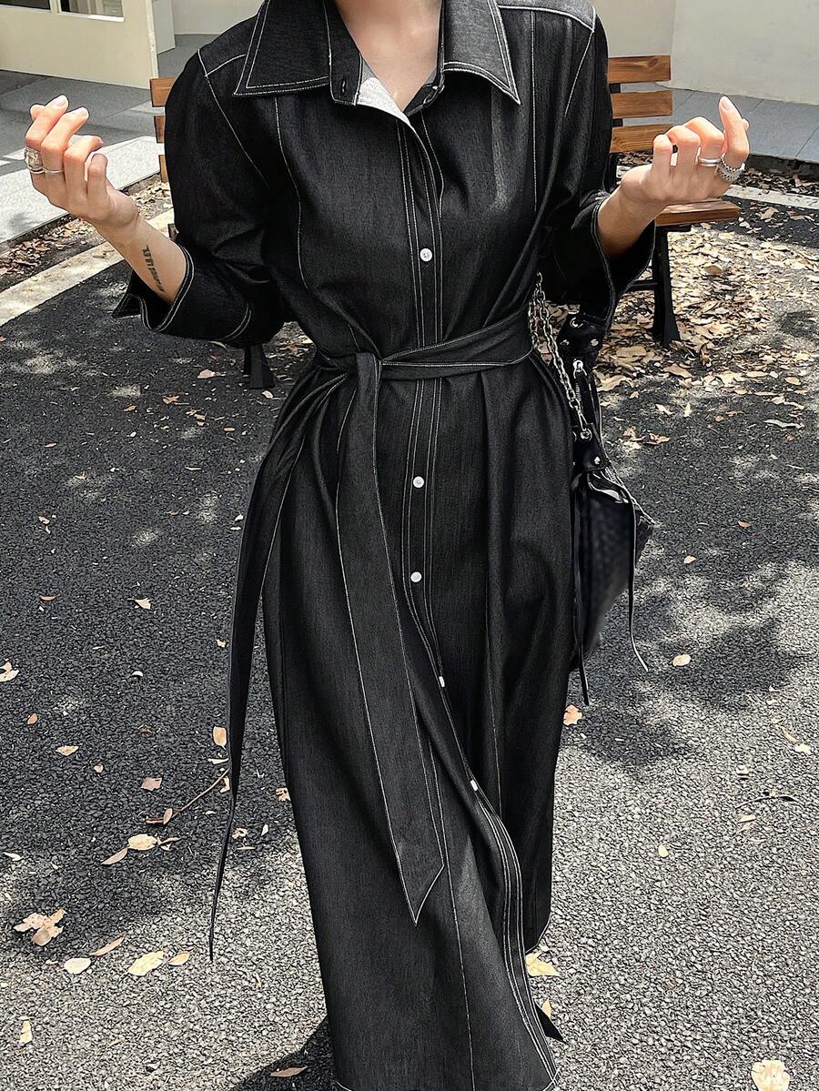 DAZY 女式休闲通勤前扣长衬衫裙