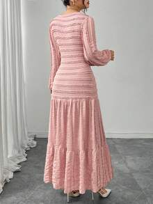 Modelyn Elegant Women's Long Sleeve Flared Dress With Jacquard Striped Textured Pattern In Pink - Pink - View 3